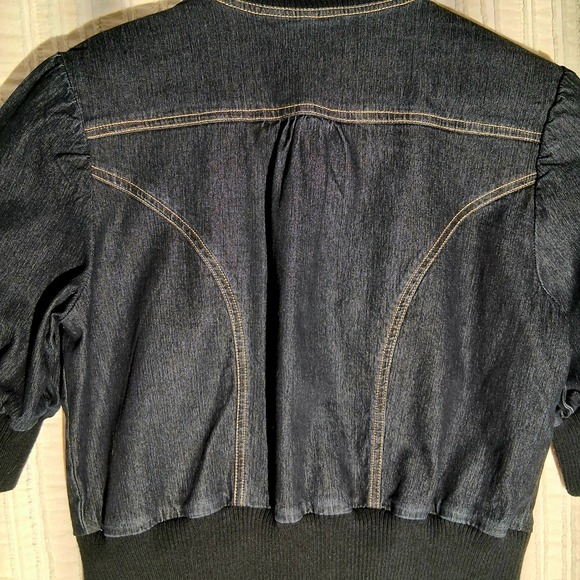 Y2k Denim Cropped Jacket Gold Stitching Ribbed Trim Short Sleeve Moto - Picture 10 of 17